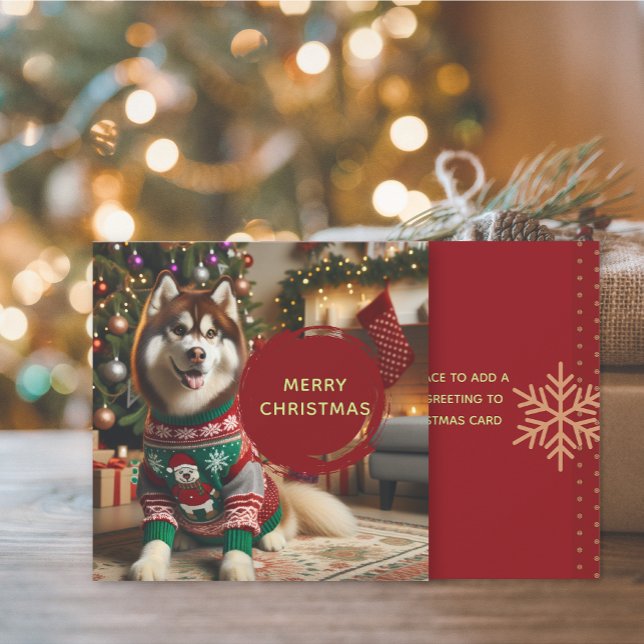 Tarjeta de felicitación Husky Siberian de Feliz Na (The front and back of the Siberian Husky Christmas Holiday greeting card)
