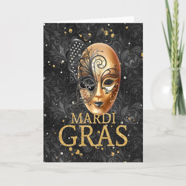 Tarjeta de felicitación Mardi Gras, máscara Mardi  (Anverso)