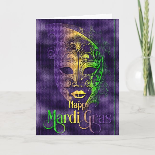 Tarjeta de felicitación Mardi Gras, máscara Mardi  (Anverso)
