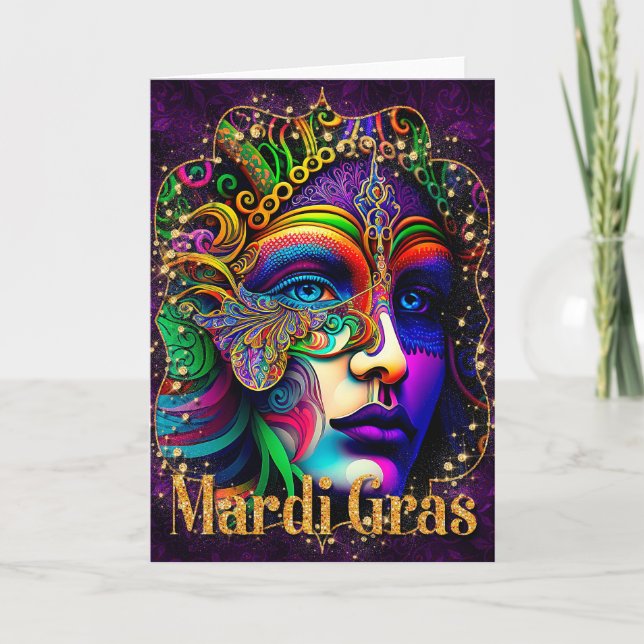 Tarjeta de felicitación Mardi Gras, máscara Mardi  (Anverso)