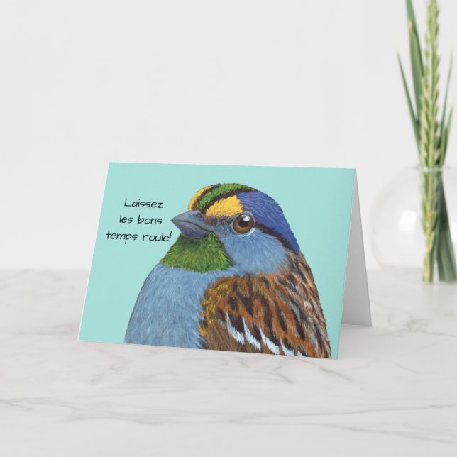 Tarjeta de felicitación Mardi Gras Sparrow (Anverso)