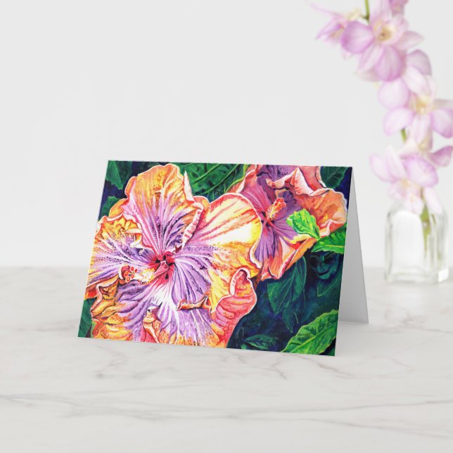 Tarjeta de felicitación naranja y púrpura Hibiscus (Orquídea)