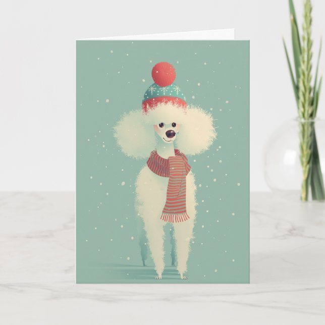 Tarjeta de Felicitación Navideña de Caniche Blanco (Anverso)