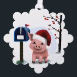 Tarjeta de felicitación navideña feliz con ornamen<br><div class="desc">¡Un pequeño y adorable cerdo envía tu saludo de vacaciones como un adorno adecuado para colgar en el árbol! Además, cualquier producto de temática animal que se venda en la tienda Paws Charming nos ayuda a hacer una donación a organizaciones benéficas de animales, así que sabes que estás haciendo bien...</div>