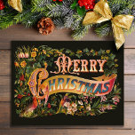 Tarjeta de felicitación navideña Ornate Vintage<br><div class="desc">Navidades con ricas adornos en un cartel adornado con flores y hojas huecas y un cardenal sobre un fondo de oliva oscura.</div>