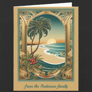 Tarjeta de felicitación navideña tropical dorada p