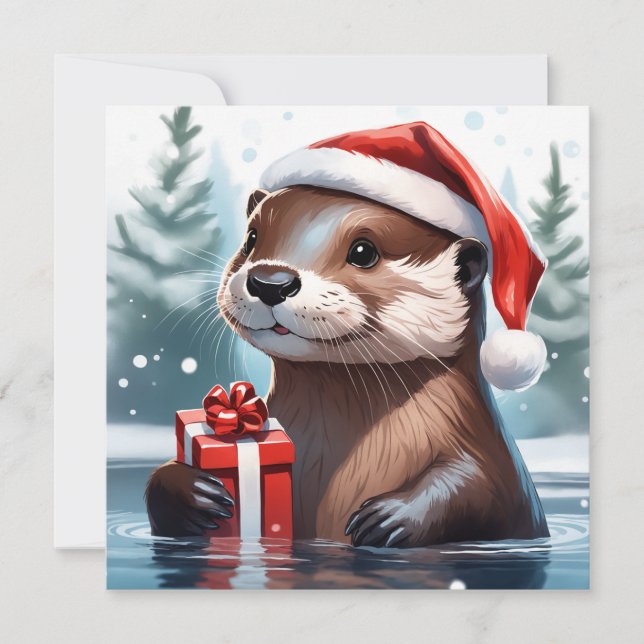 Tarjeta de felicitación Otter para navidades (Anverso)