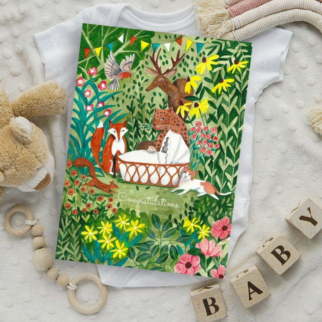 Tarjeta de felicitación para animales de bebé reci (Newborn Baby Boy Girl Animals Congratulations Card)