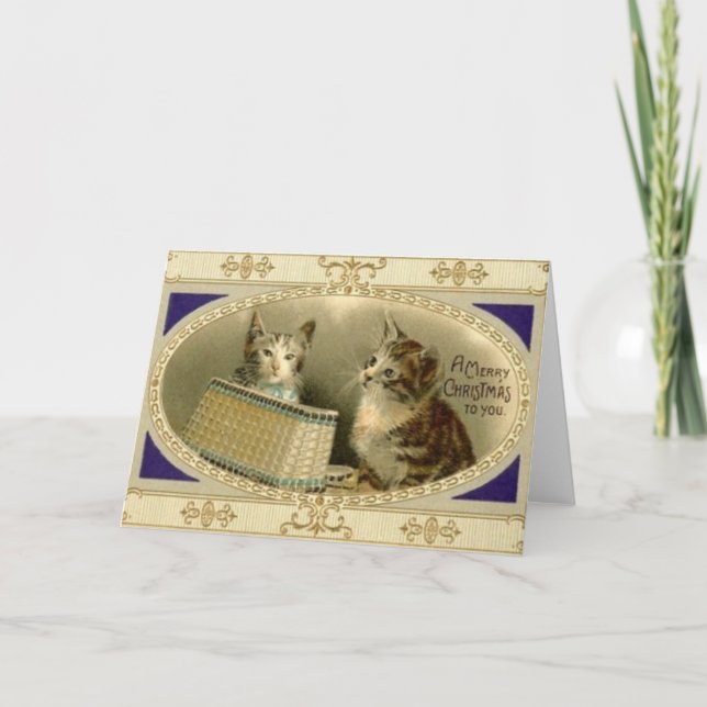 Tarjeta de felicitación para gato navideño vintage (Anverso)