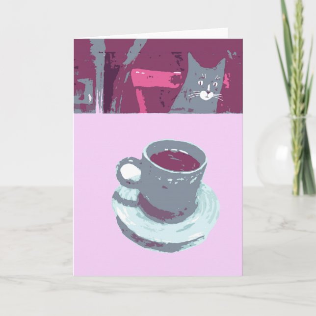 Tarjeta de felicitación para gato y café (Anverso)