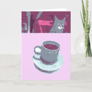 Tarjeta de felicitación para gato y café