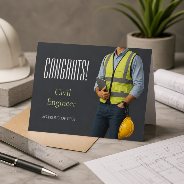 Tarjeta de Felicitación para Ingeniero Civil (Modern civil engineer congratulations card with a clean industrial-inspired design.)