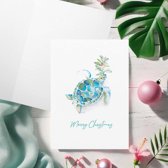 Tarjeta de Felicitación para Navidad Tortuga Marin (Watercolor Christmas cards sea turtle beach art by Victoria Grigaliunas of Do Tell A Belle)