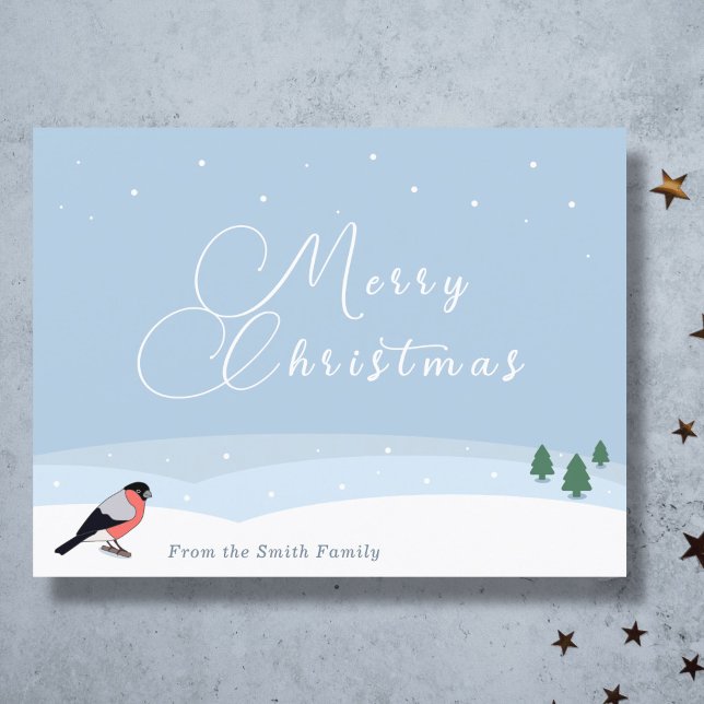 Tarjeta de felicitación para Navidades paisajistas (Bullfinch & Snow Landscape Christmas Greeting Card)