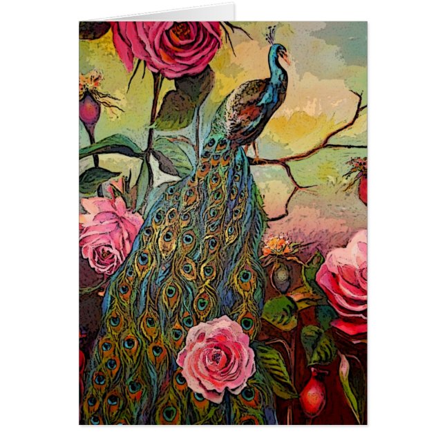 Tarjeta de felicitación para pavo real y Rosas (Frente)