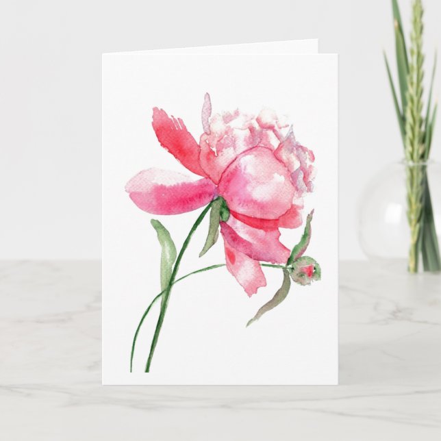Tarjeta de felicitación Peony de color de agua ros (Anverso)
