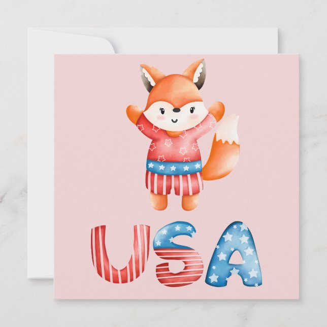 Tarjeta de felicitación plana Cute Patriotic Fox (Anverso)