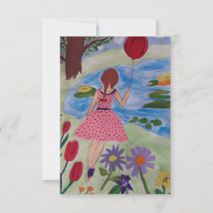 Tarjeta de felicitación plana de niña con globo ro