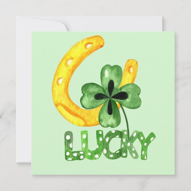 Tarjeta de felicitación plana Lucky Shamrock & Hor (Anverso)