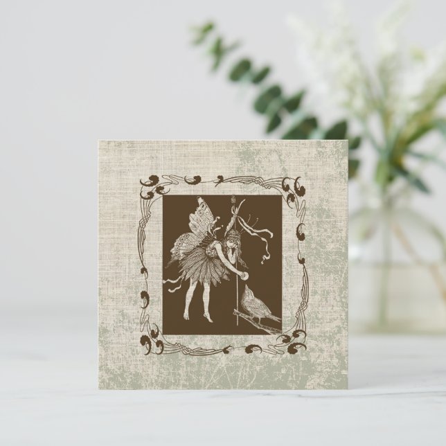 Tarjeta de felicitación plana Vintage Fairy & Bird (Anverso de pie)