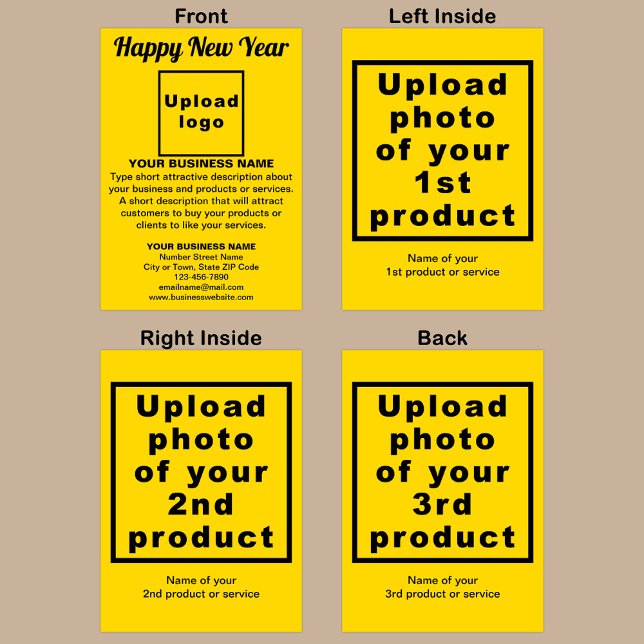 Tarjeta de felicitación plegada amarilla de Año Nu (Yellow New Year folded greeting card with your business brand and products or services.)