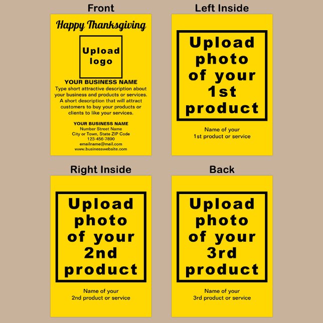 Tarjeta de felicitación plegada amarilla del Día d (Yellow Thanksgiving folded greeting card with your business brand and products or services.)