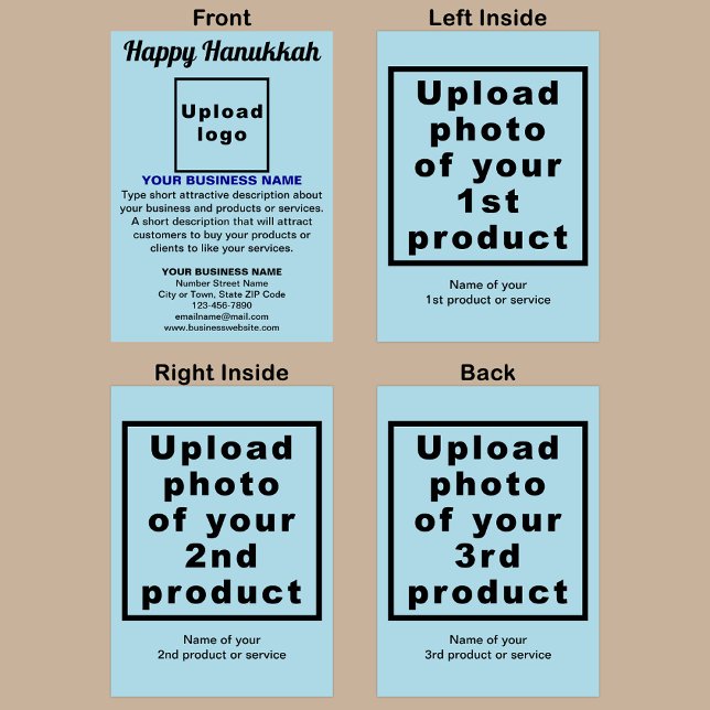 Tarjeta de felicitación plegada azul claro Hanukka (Light blue Hanukkah folded greeting card with your business brand and products or services.)