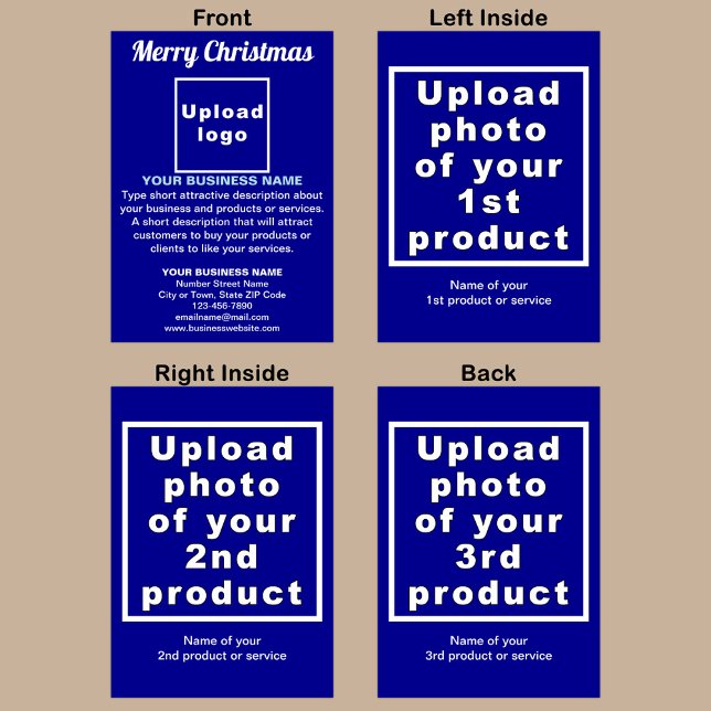 Tarjeta de felicitación plegada azul para Navidade (Blue Christmas folded greeting card with your business brand and products or services.)