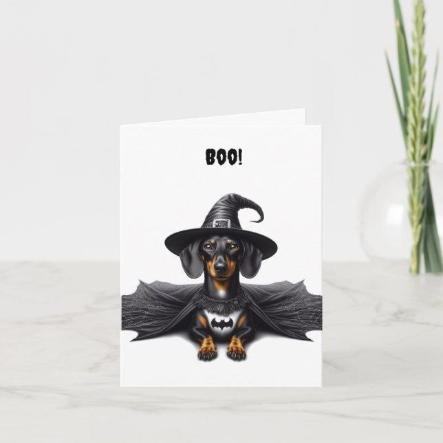 Tarjeta de felicitación plegada Dachshund Witch Ha (Anverso)