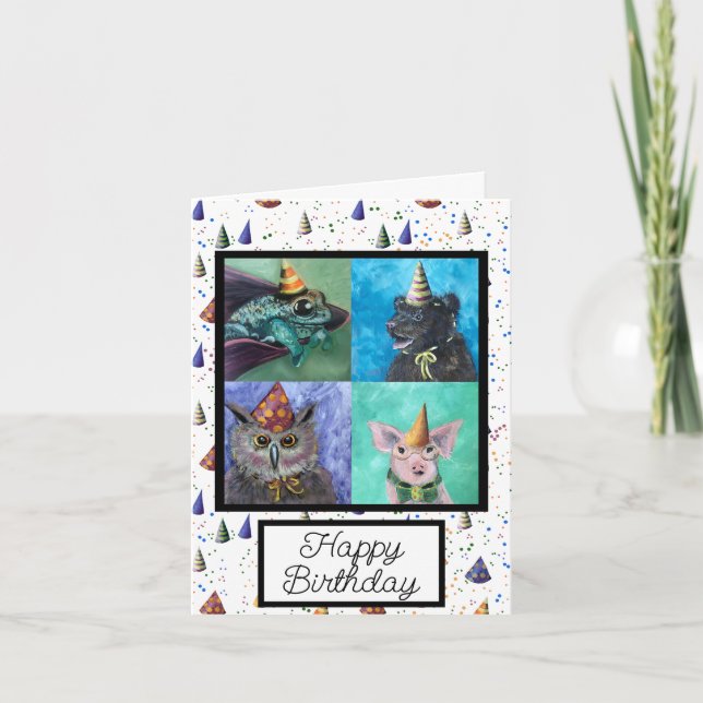 Tarjeta de felicitación plegada de animal de fiest (Anverso)