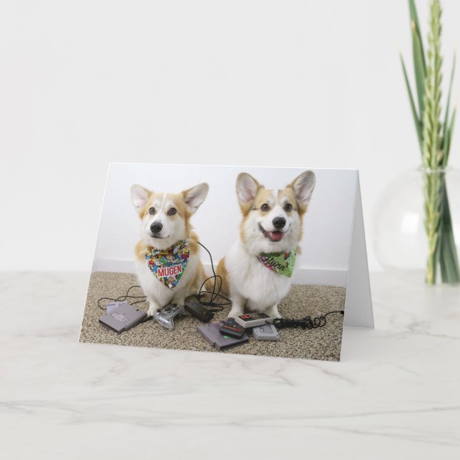 Tarjeta de felicitación plegada de Gamer Corgis (Anverso)