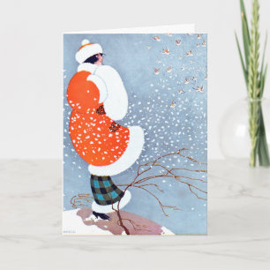 Tarjeta de felicitación plegada de mujer y pájaros