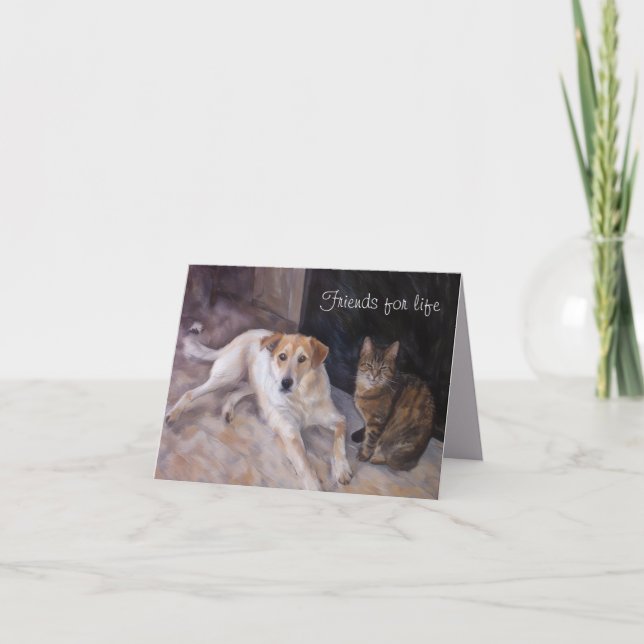 Tarjeta de felicitación plegada de perro y gato BF (Anverso)