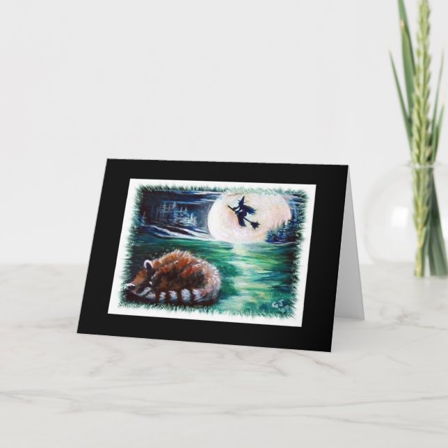 Tarjeta de felicitación plegada de Raccoon y Bruja (Anverso)