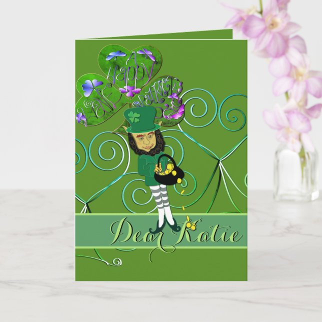 Tarjeta de felicitación plegada Leprechaun St. Pat (Orquídea)