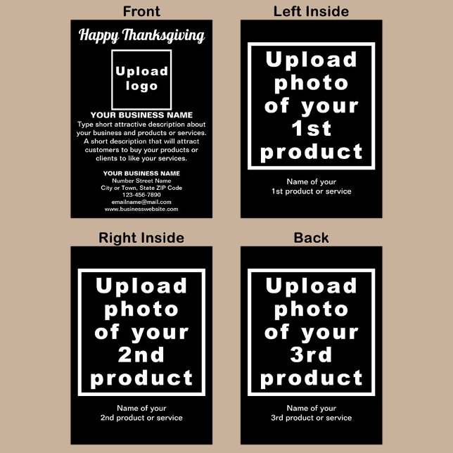 Tarjeta de felicitación plegada negra de Acción de (Black Thanksgiving folded greeting card with your business brand and products or services.)