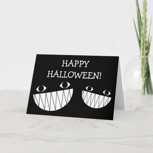 Tarjeta de felicitación plegada negra, sonriente y (Anverso)