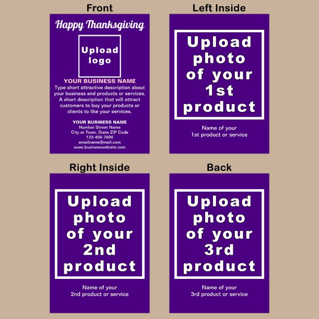 Tarjeta de felicitación plegada púrpura del Día de (Purple Thanksgiving folded greeting card with your business brand and products or services.)