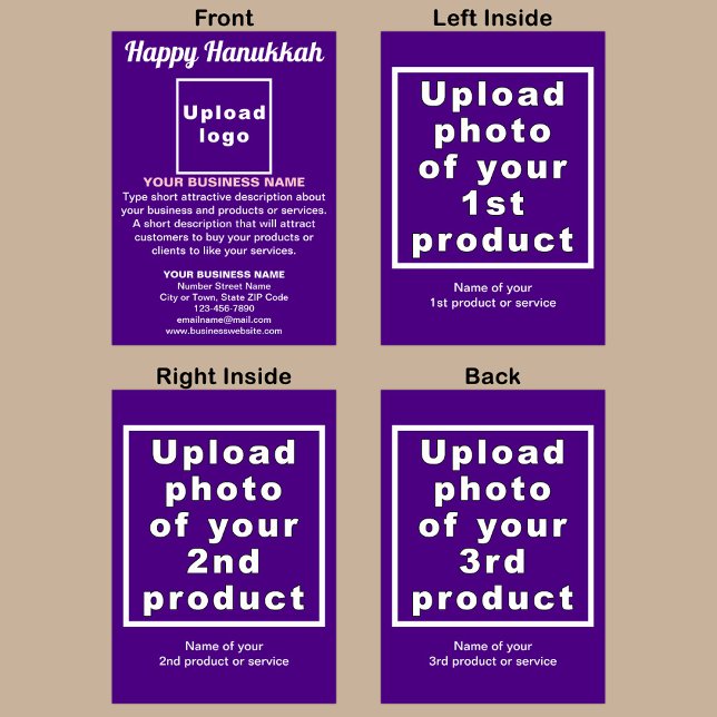 Tarjeta de felicitación plegada púrpura Hanukkah B (Purple Hanukkah folded greeting card with your business brand and products or services.)