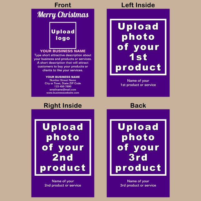 Tarjeta de felicitación plegada púrpura para Navid (Purple Christmas folded greeting card with your business brand and products or services.)