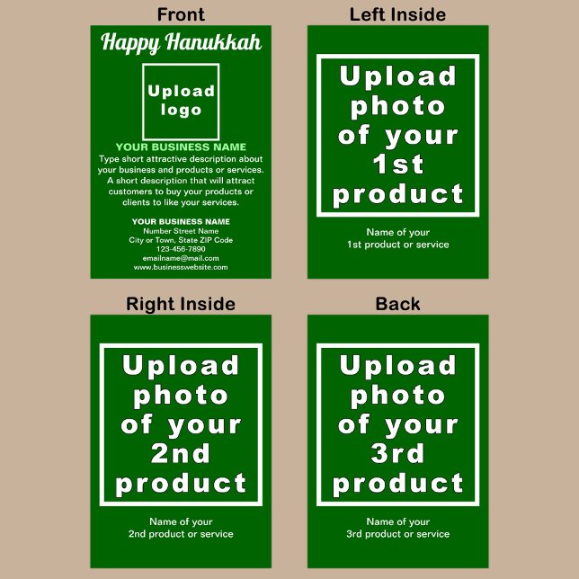 Tarjeta de felicitación plegada verde Business Han (Green Hanukkah folded greeting card with your business brand and products or services.)