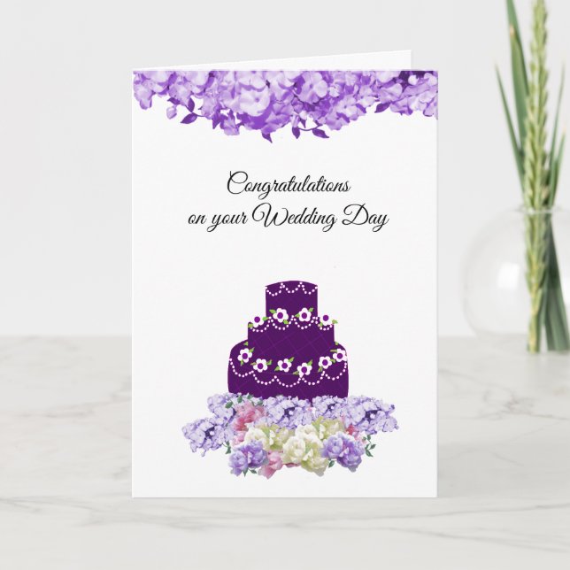 Tarjeta de felicitación por pastel de Boda púrpura (Anverso)