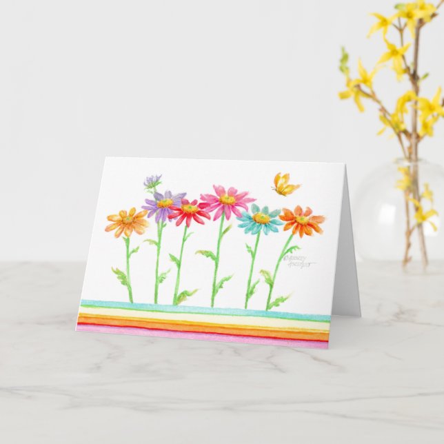 Tarjeta de felicitación Rainbow Daisies Blank Note (flor amarilla)
