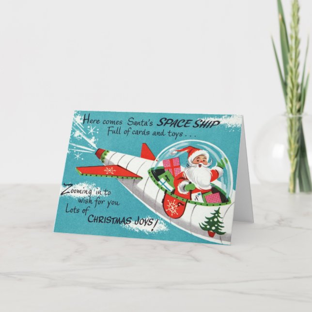 Tarjeta de felicitación Retro Spaceship Santa Navi (Anverso)