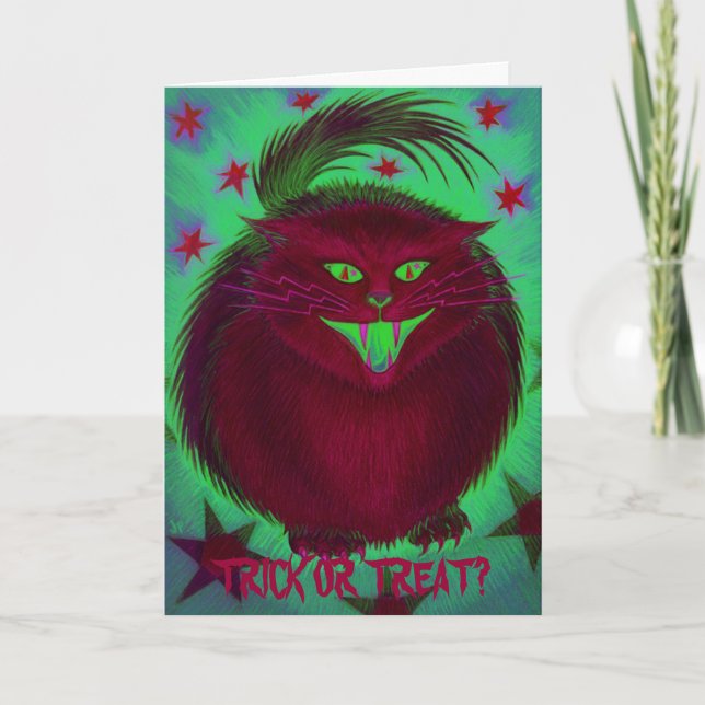 Tarjeta de felicitación roja de gato asustado (Anverso)