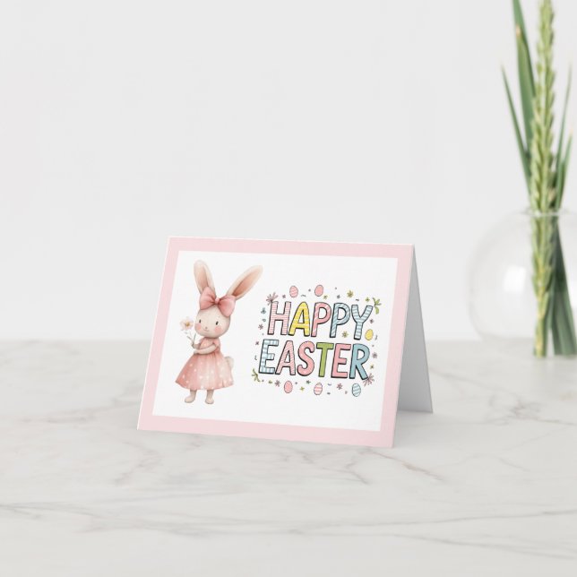 Tarjeta de felicitación rosa de Pascua con conejo  (Anverso)