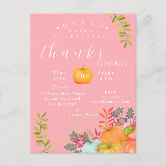 Tarjeta de felicitación rosa del Día de Acción de  (Anverso)