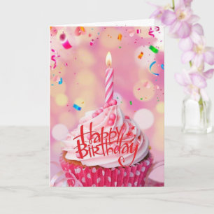 Tarjeta de felicitación rosada de copas de torta d