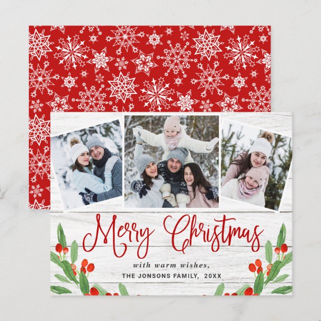 Tarjeta de felicitación Rustic 3 FOTO para Navidad (Anverso / Reverso)