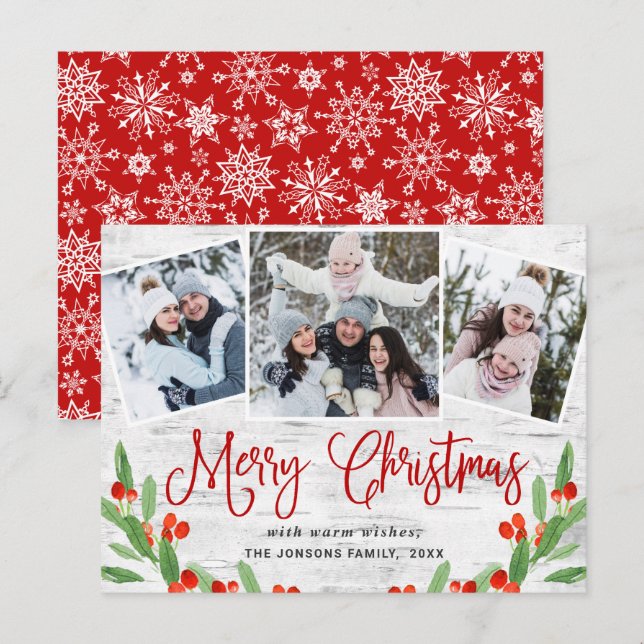 Tarjeta de felicitación Rustic 3 FOTO para Navidad (Anverso / Reverso)
